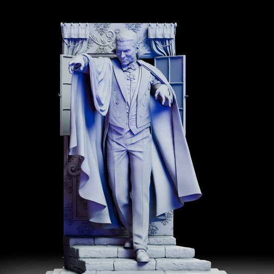 360 degree turntable view of Dracula stepping through a gothic castle window, showcasing flowing cape movement, ornate architectural backdrop, and dramatic vampire pose from every angle