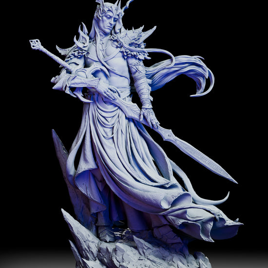 360-degree turntable video of The Pale Sorcerer King unpainted resin figure model kit by Polymind Studio, showcasing all angles of the sculpture including robes, armor, blades, and stone base