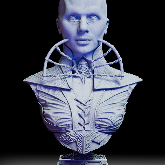 360 degree turntable video of the Priestess of Suffering silent cenobite portrait bust showcasing all angles of the detailed horror sculpture, from front profile to chained base