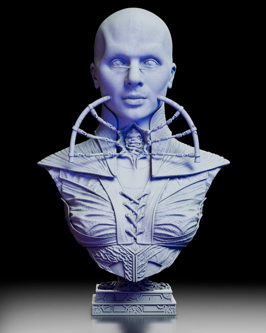 360 degree turntable video of the Priestess of Suffering silent cenobite portrait bust showcasing all angles of the detailed horror sculpture, from front profile to chained base