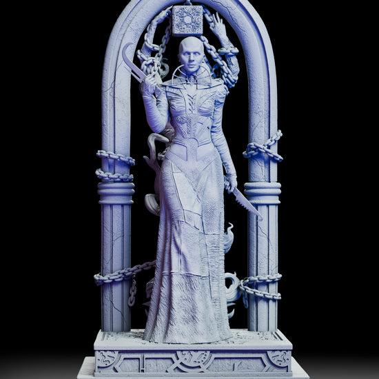 A full 360-degree rotation of the Female Cenobite figure kit, showcasing the chained archway, suspended tortured figure, intricate robe textures, ritual blades, ethereal sculpted flames, and the detailed ornamental base from all angles.