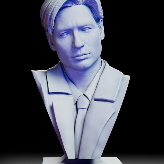 A full 360 degree rotation of the Fox Mulder portrait bust, revealing detailed facial structure, layered hair, crisp suit lapels, and a stepped pedestal base from every angle