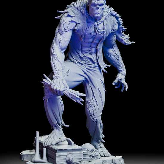 360-degree rotating view of Frankenstein’s Monster figure kit, showing full sculpt details including posture, torn garments, muscular anatomy, and laboratory-themed base from all angles.

