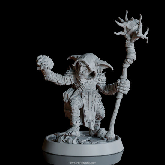 360 degree video of Gauen da Traedzle goblin shaman holding a staff and a heart. 32mm scale miniature for tabletop roleplaying games.