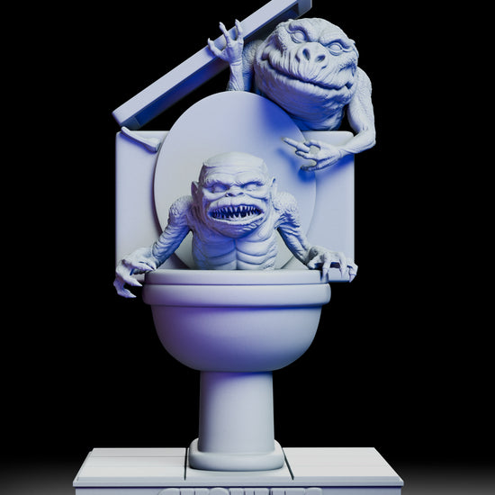 A full 360-degree rotation of the Ghoulies maquette featuring two detailed creatures emerging from a sculpted toilet base. The turntable view highlights the expressive faces, textured skin, raised toilet lid, and the solid display platform from every angle.