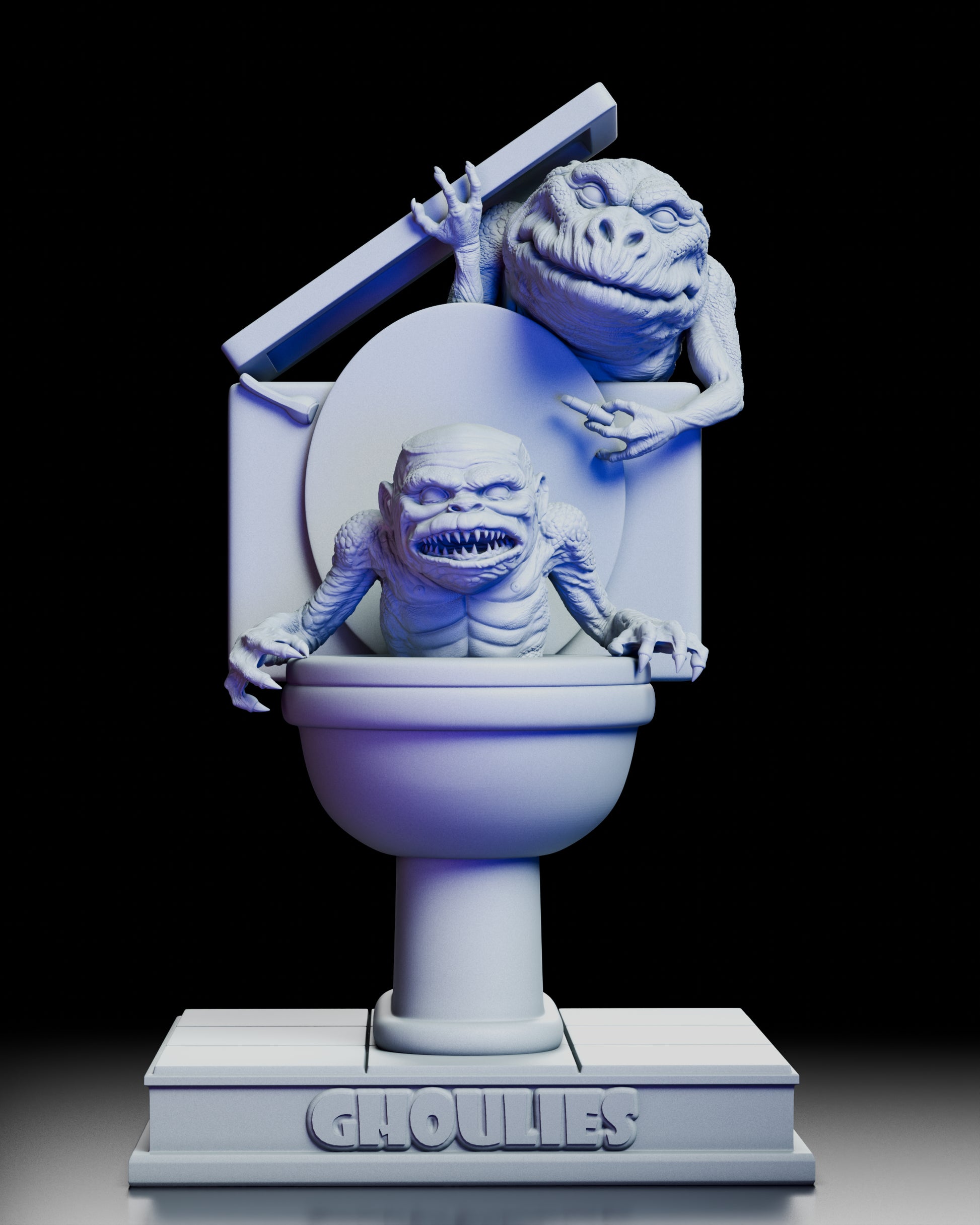 A full 360-degree rotation of the Ghoulies maquette featuring two detailed creatures emerging from a sculpted toilet base. The turntable view highlights the expressive faces, textured skin, raised toilet lid, and the solid display platform from every angle.