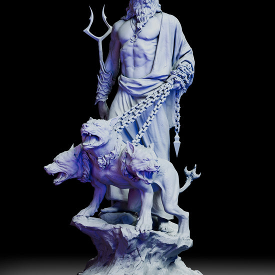 360-degree turntable view of Hades, The Unseen King resin figure kit featuring Hades and Cerberus on a textured stone base with detailed armor and sculpted form