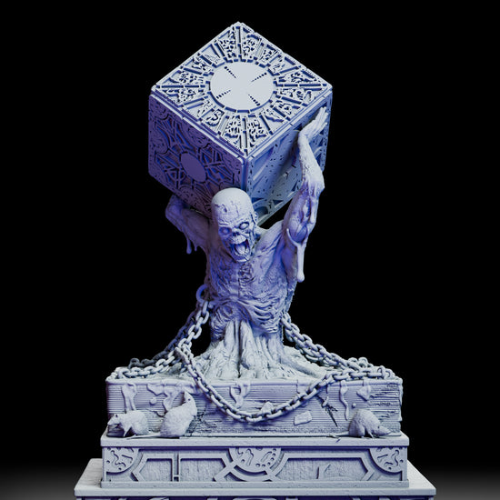 A full rotating view of the Bearer of the Lament resin figure kit, showing the tortured body, rising chains, vermin-covered base, and the large engraved Lament Configuration cube held overhead.

