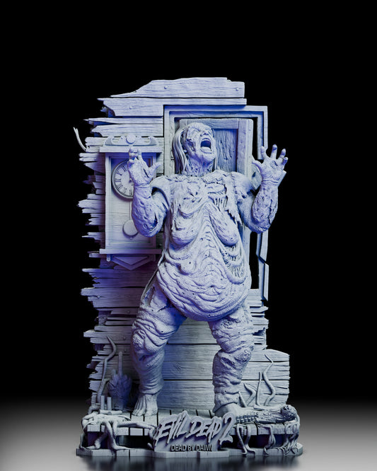 360-degree turntable view of the Henrietta Knowby Deadite Evil Dead 2 resin figure kit by Wicked featuring alternate serpent portrait, detailed cabin backdrop, and expressive horror sculpt