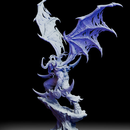 Full 360 degree turntable of the Illidan Stormrage figure kit showing his massive demonic wings, dual warglaives, rune-marked musculature, and elevated rocky base from every angle.
