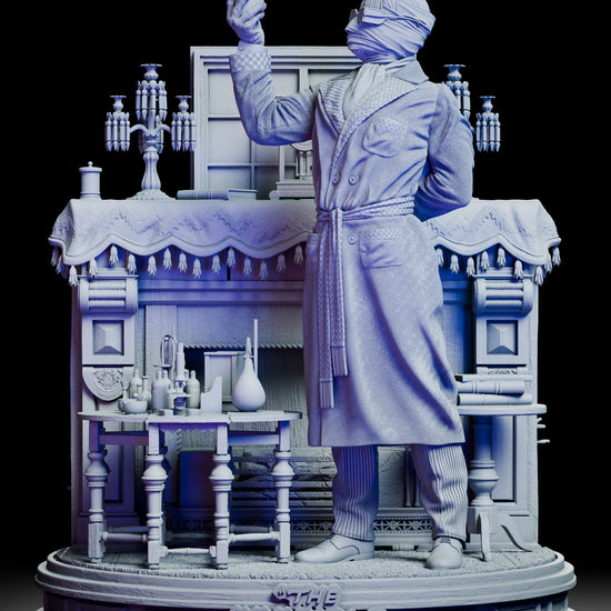 360-degree rotating view of The Invisible Man resin figure kit, showcasing the detailed robe, alternate heads, hand poses, laboratory setting, and intricate base design inspired by the 1933 Universal Pictures film.