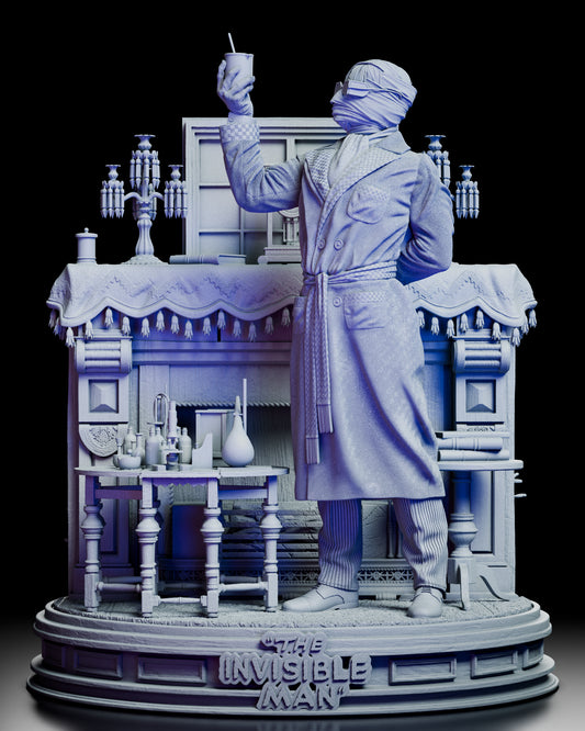 360-degree rotating view of The Invisible Man resin figure kit, showcasing the detailed robe, alternate heads, hand poses, laboratory setting, and intricate base design inspired by the 1933 Universal Pictures film.