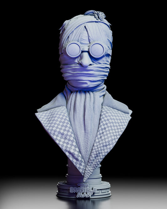 360-degree view of The Invisible Man portrait bust showcasing Claude Rains likeness and alternate head options with bandages and goggles