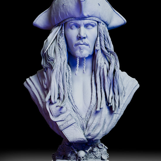 Full 360-degree rotation of the Captain Jack Sparrow portrait bust showing intricate sculpt details, interchangeable head options, and the decorative treasure base