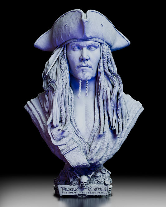 Full 360-degree rotation of the Captain Jack Sparrow portrait bust showing intricate sculpt details, interchangeable head options, and the decorative treasure base