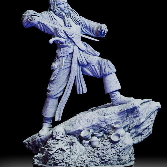 Full 360-degree rotation of the Jack Sparrow figure model kit showcasing detailed textures, lifelike pose, and the treasure-strewn base from every angle