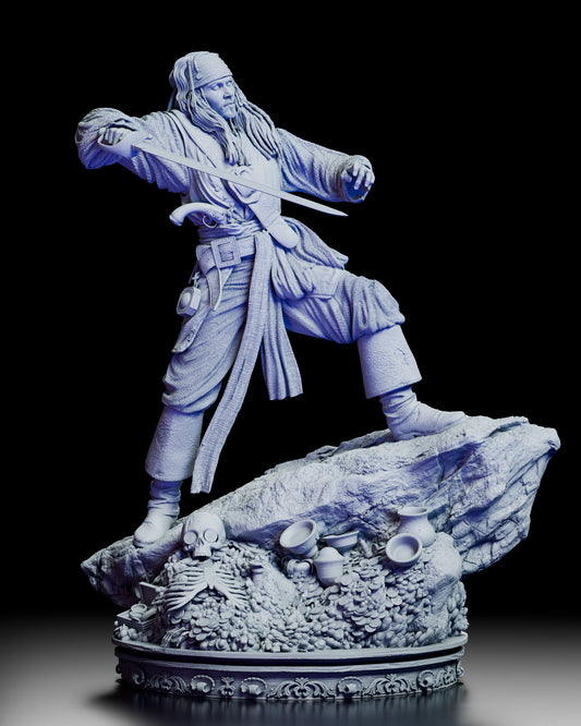 Full 360-degree rotation of the Jack Sparrow figure model kit showcasing detailed textures, lifelike pose, and the treasure-strewn base from every angle