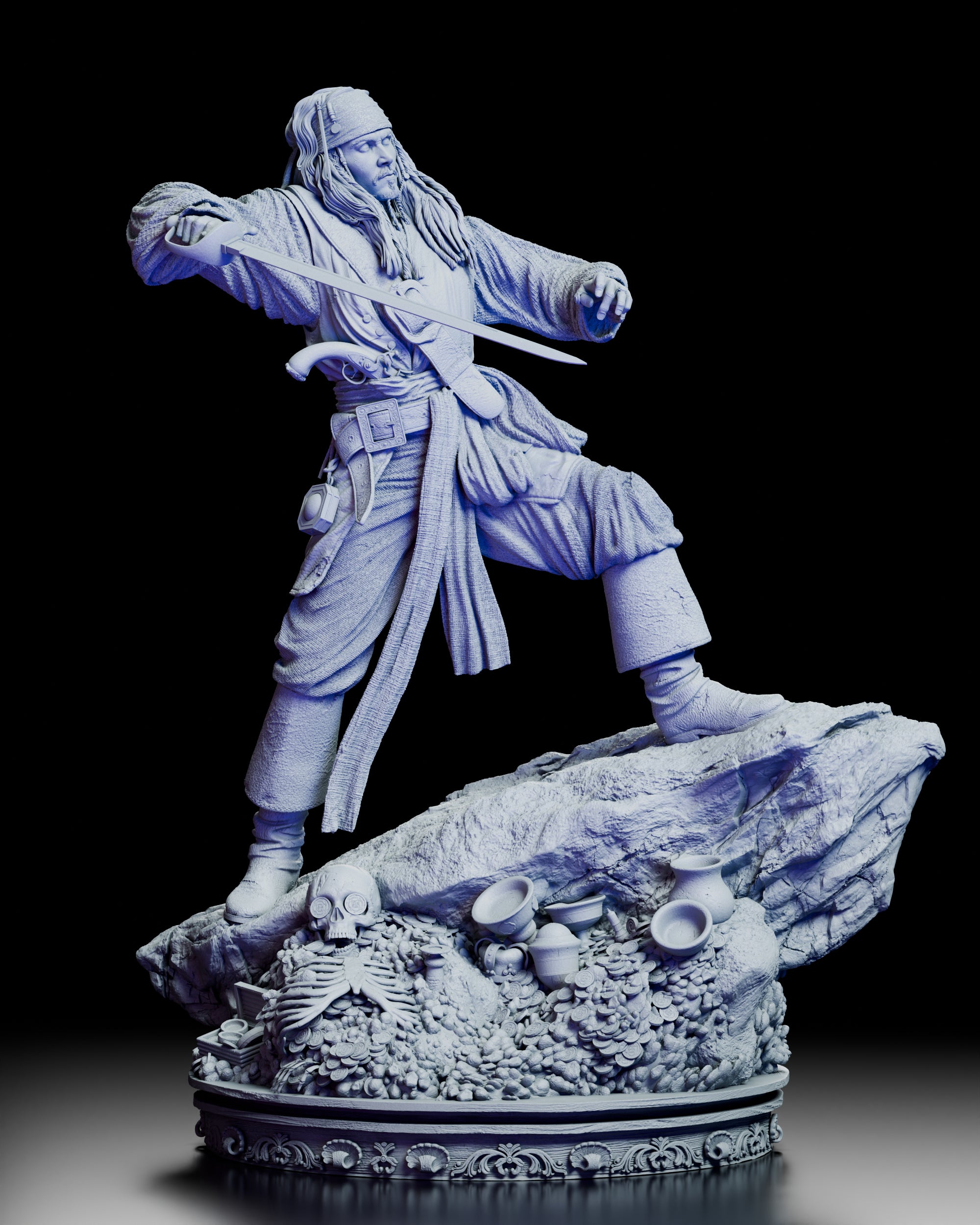 Full 360-degree rotation of the Jack Sparrow figure model kit showcasing detailed textures, lifelike pose, and the treasure-strewn base from every angle