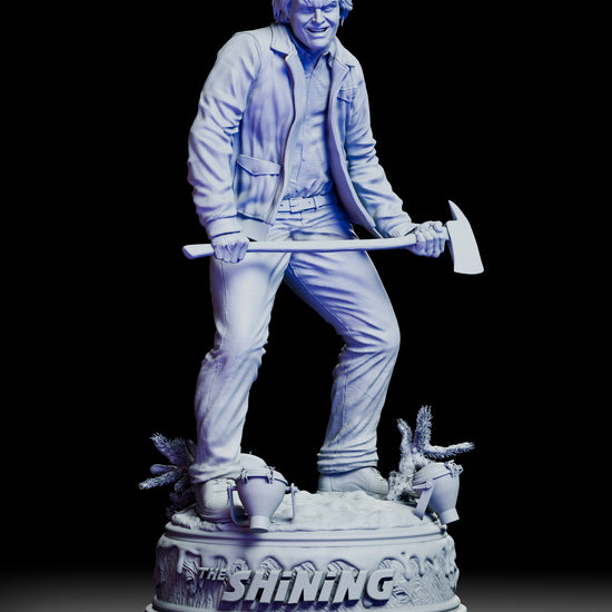 360 degree rotation of the Jack Torrance figure kit from The Shining, displaying full sculpt details including facial expression, axe, jacket texture, and snow-covered Overlook Hotel base