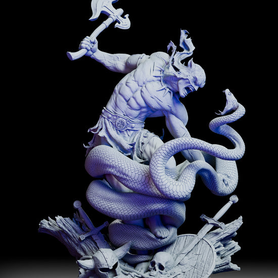 360 degree turntable view of The Jaguar God showcasing the jaguar headed war deity entwined by a massive serpent with full battlefield base detail
