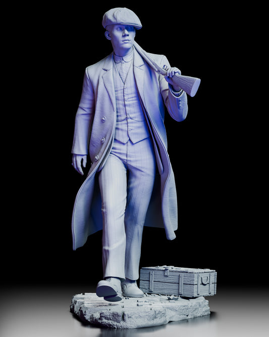 360 degree turntable view of the John Shelby Peaky Blinders figure model kit showcasing full sculpt detail, pose, and base from all angles