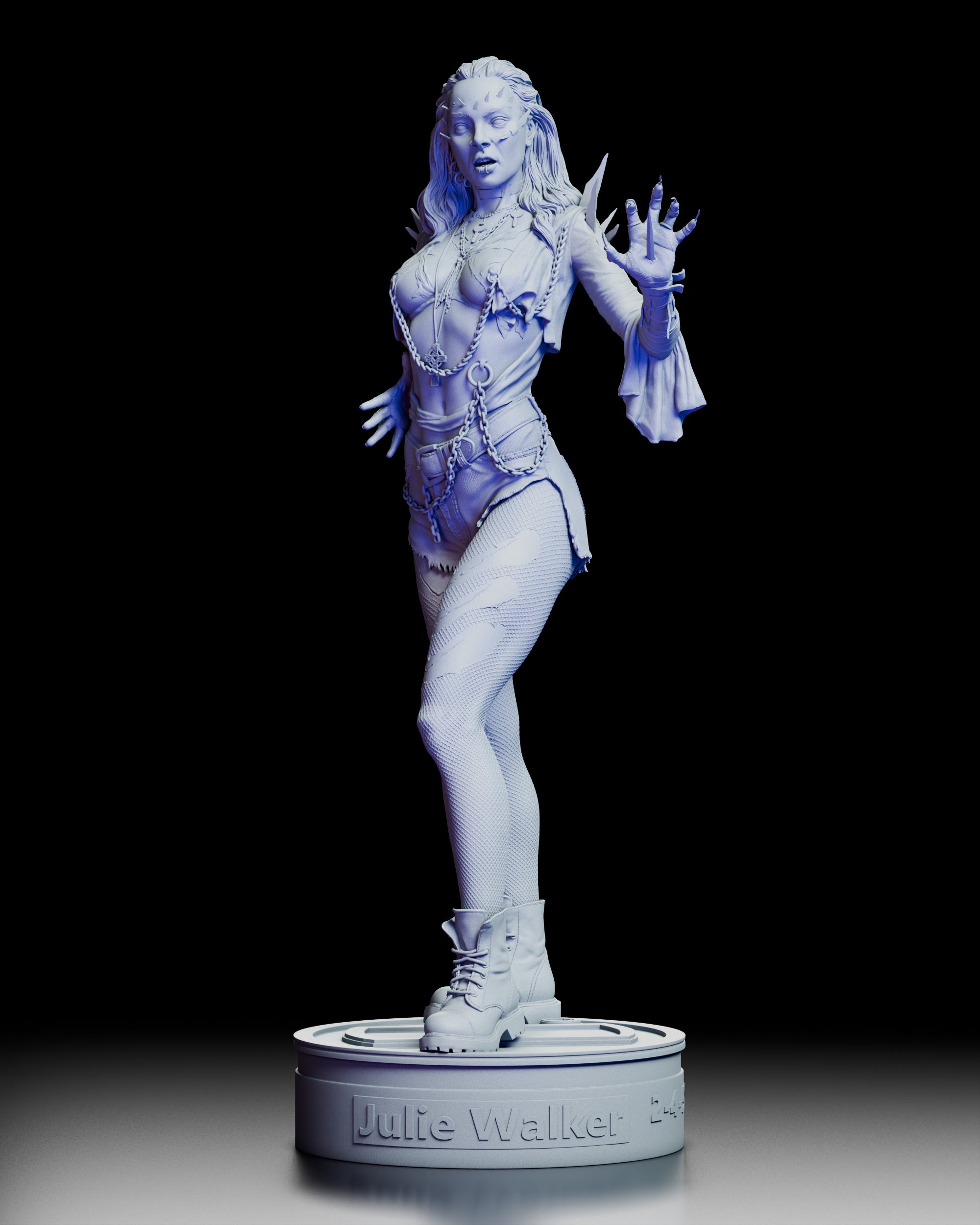 360 degree turntable video of the Julie Walker maquette from Return of the Living Dead 3, showing her mutated spikes, chains, torn clothing, expressive pose, and sculpted display base from every angle.