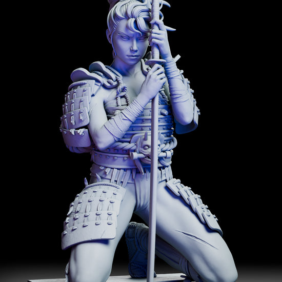 360-degree turntable of the Kinjo figure kit showing the full kneeling pose, detailed armor, rope bindings, flowing hair, and grounded katana from every angle.