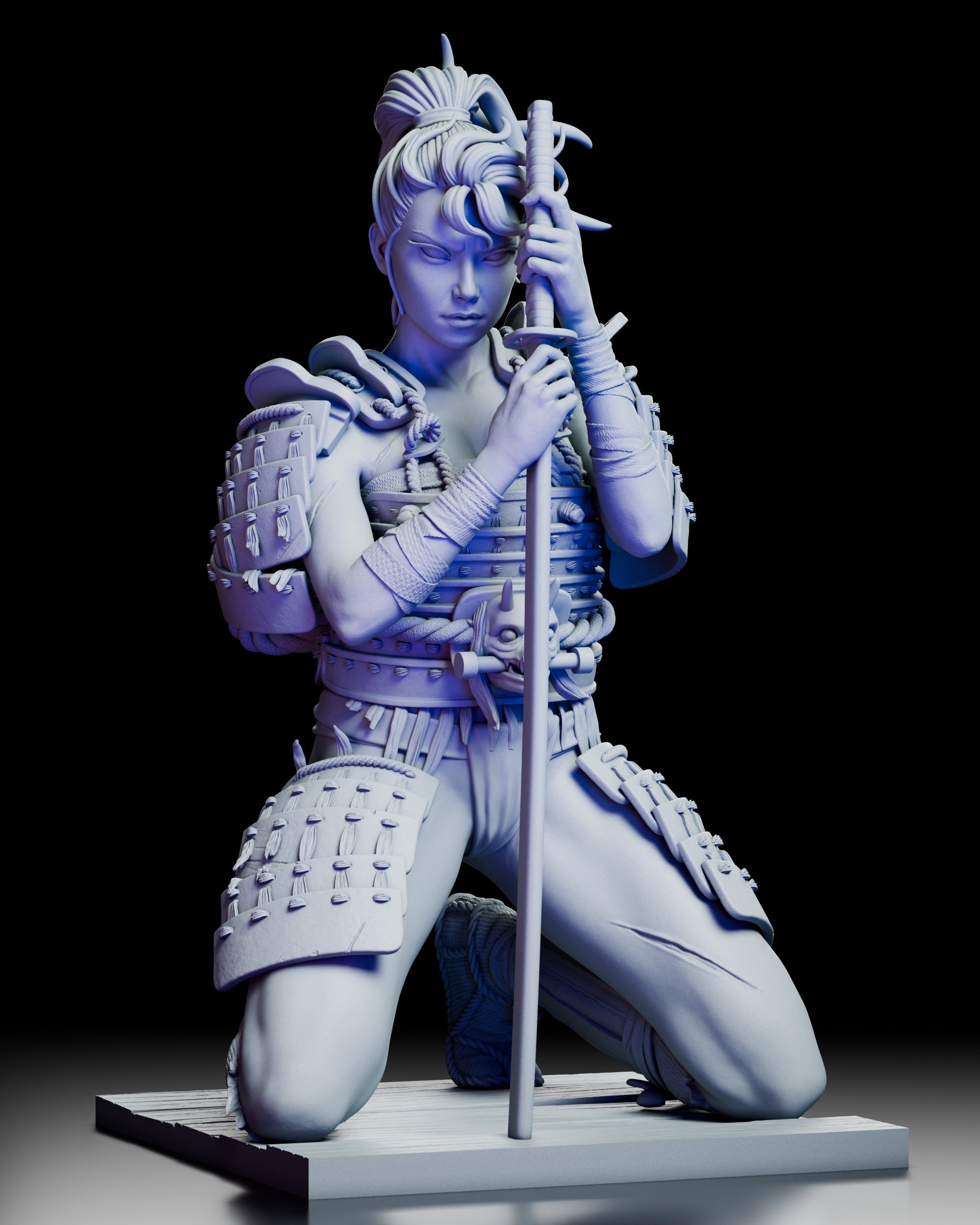 360-degree turntable of the Kinjo figure kit showing the full kneeling pose, detailed armor, rope bindings, flowing hair, and grounded katana from every angle.