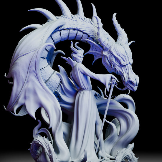 Full 360 degree view of Maleficent resin model kit, featuring the Mistress of Evil with dragon coiled around her, showing detailed robes, scales, wings, and dynamic magical flames on stone base