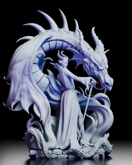 Full 360 degree view of Maleficent resin model kit, featuring the Mistress of Evil with dragon coiled around her, showing detailed robes, scales, wings, and dynamic magical flames on stone base