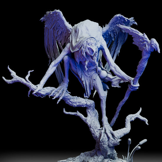 Full 360-degree view of the Matinta Pereira resin figure kit, showcasing her wings, branch perch, and detailed sculpting from every angle