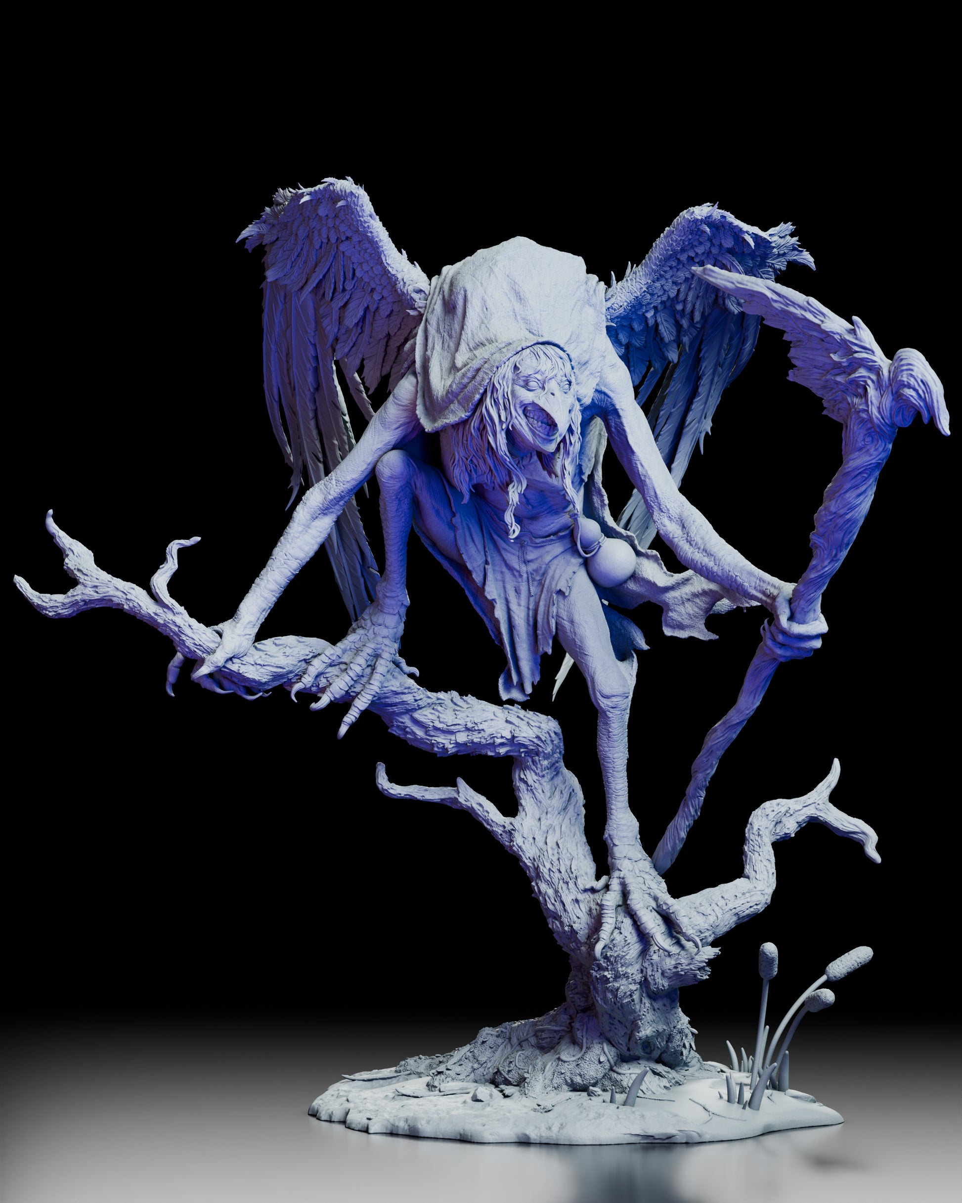 Full 360-degree view of the Matinta Pereira resin figure kit, showcasing her wings, branch perch, and detailed sculpting from every angle