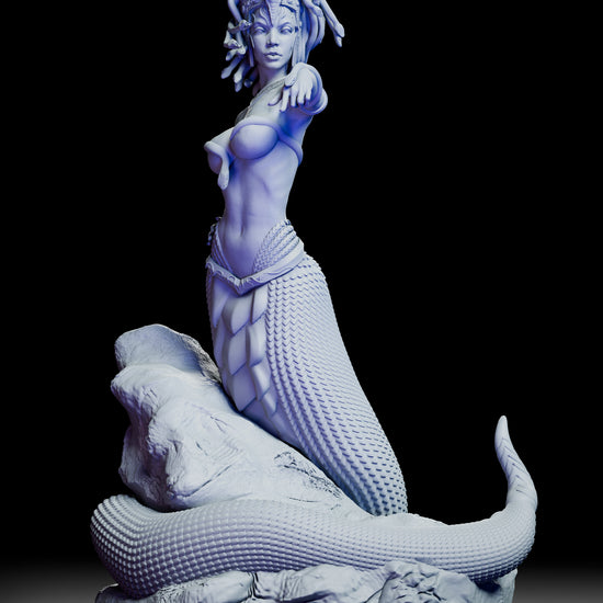 360-degree turntable view of The Gorgon Queen showcasing full serpent body, rock base, and intricate hair of living snakes