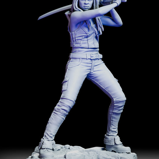 360-degree turntable view of the Michonne figure kit displaying her poised stance, katana raised, and detailed clothing textures from every angle.