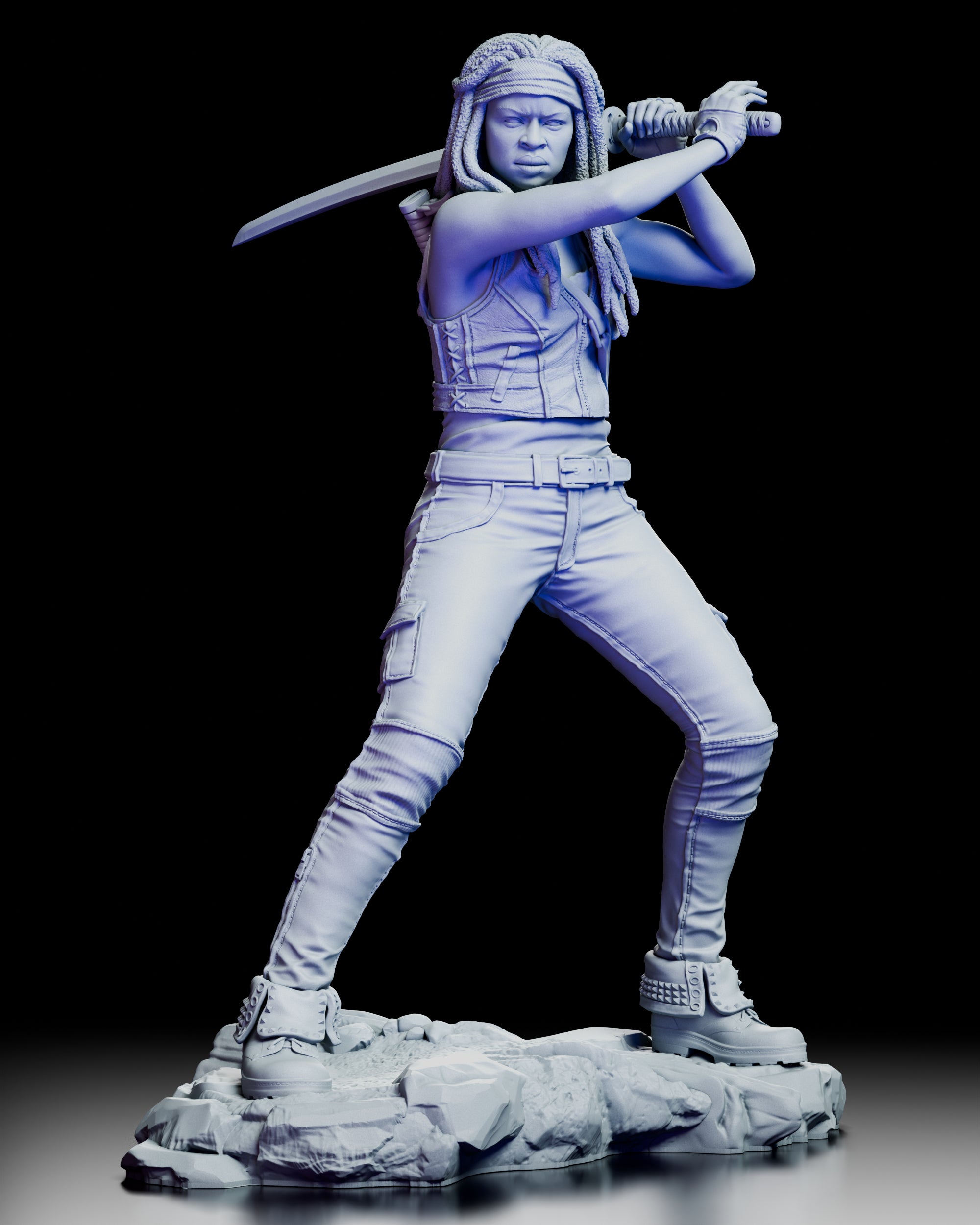 360-degree turntable view of the Michonne figure kit displaying her poised stance, katana raised, and detailed clothing textures from every angle.