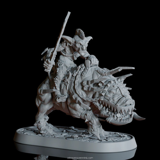 360 view of Myneer Augolf da Traedzle goblin warlord mounted on Grackus 32mm scale miniature for tabletop gaming.
