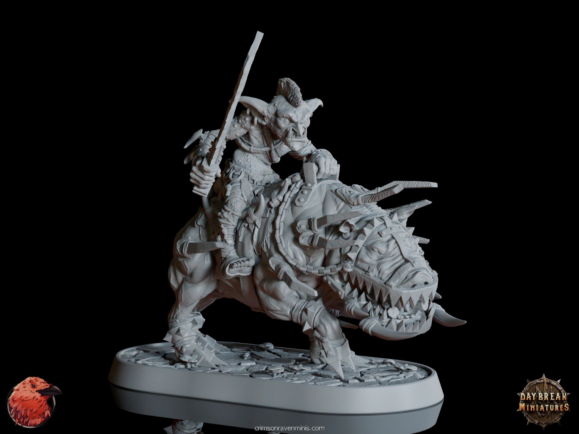 360 view of Myneer Augolf da Traedzle goblin warlord mounted on Grackus 32mm scale miniature for tabletop gaming.