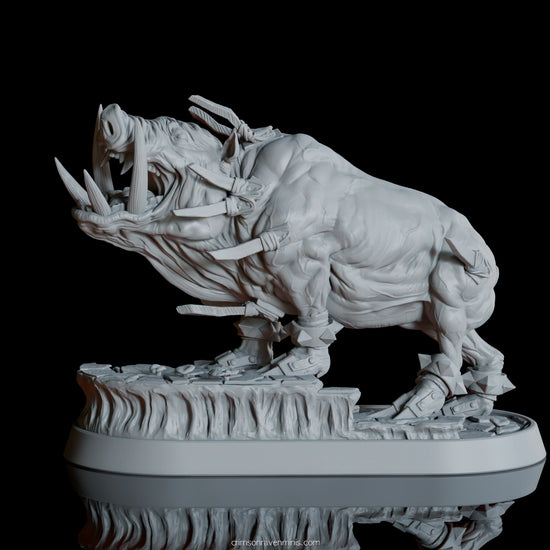 360 video of Nickis da Traedzle war pig, side profile with spiked tusks and armor  32mm scale tabletop miniature