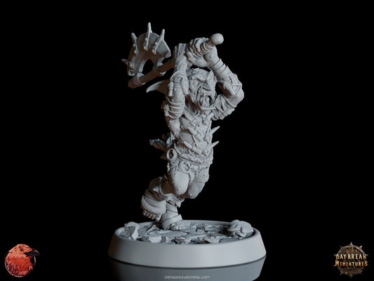 Orleg da Traedzle goblin warrior leaping with a spiked club. 32mm scale tabletop miniature.