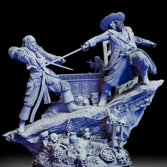 Full 360-degree rotation of the Pirates of the Caribbean diorama showing Jack Sparrow and Captain Barbosa in combat, with Little Jack and detailed treasure base visible from every angle