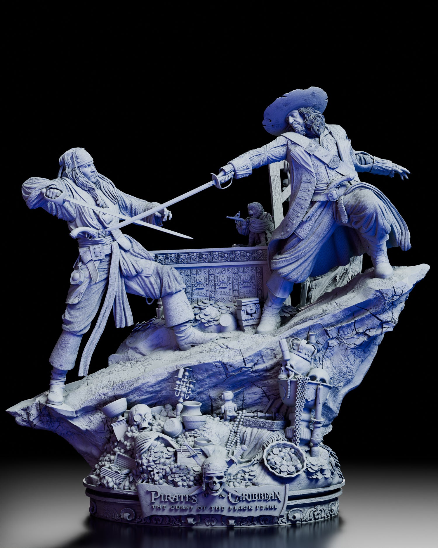 Full 360-degree rotation of the Pirates of the Caribbean diorama showing Jack Sparrow and Captain Barbosa in combat, with Little Jack and detailed treasure base visible from every angle
