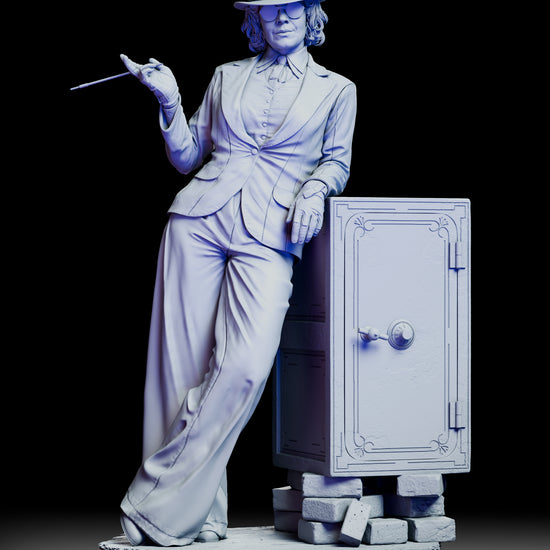 360 degree turntable view of the Polly Gray figure model kit displaying full sculpt detail, pose, costume textures, and portrait options from all angles