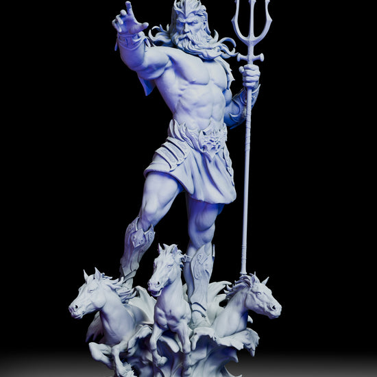 360-degree turntable view of Poseidon, Bringer of Storms resin figure kit showing trident, sea horses, and oceanic base from all angles