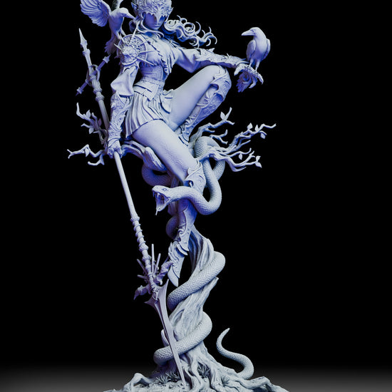 The 360-degree turntable video provides a full view of the Lenora, Queen of Crows miniature, showcasing her intricate armor, the twisted tree base, and the two crow familiars from every angle.