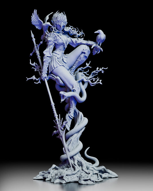 The 360-degree turntable video provides a full view of the Lenora, Queen of Crows miniature, showcasing her intricate armor, the twisted tree base, and the two crow familiars from every angle.