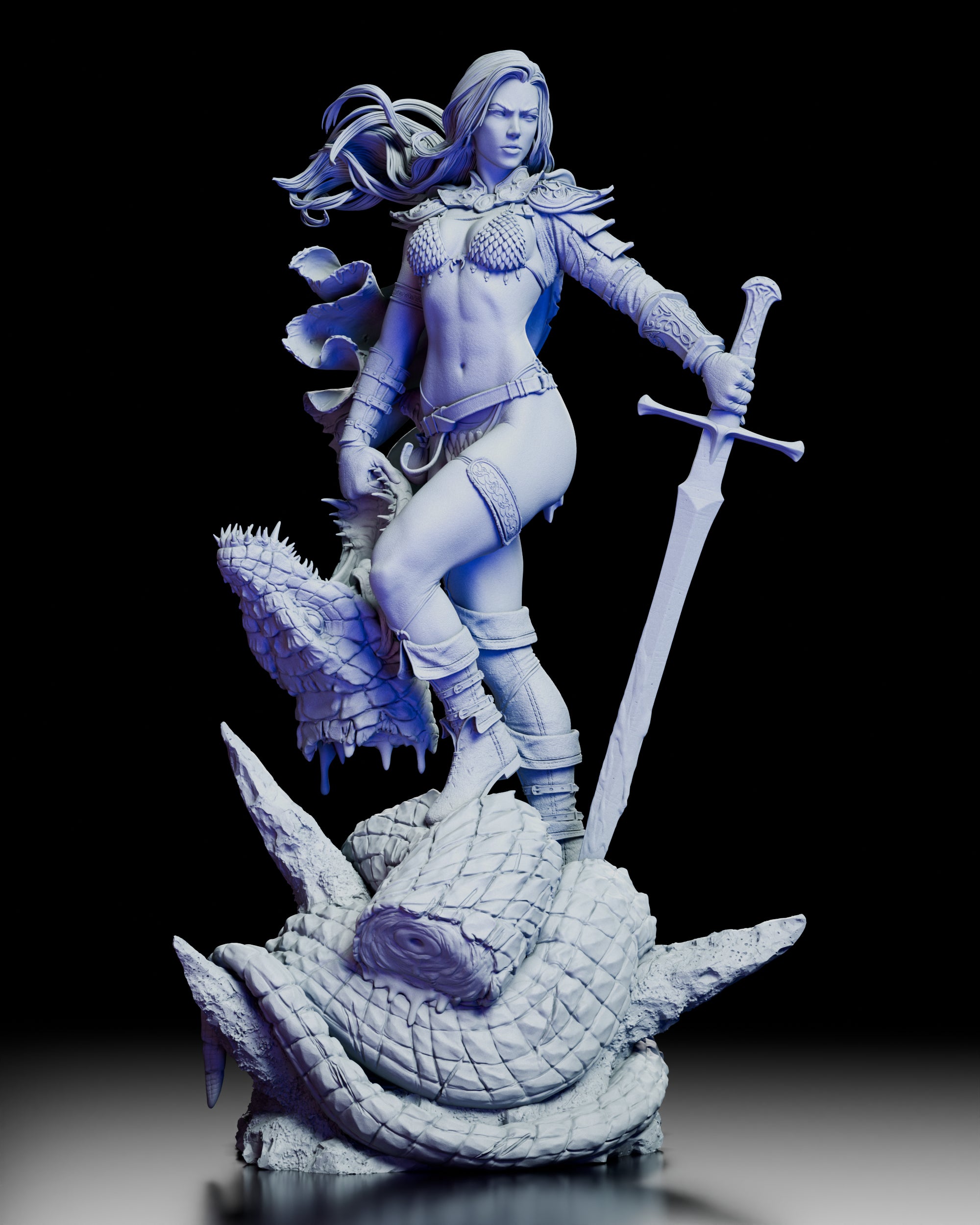 360 degree turntable view of The Red Haired Warrior figure model kit standing over a defeated serpent showcasing full sculpt detail from all angles