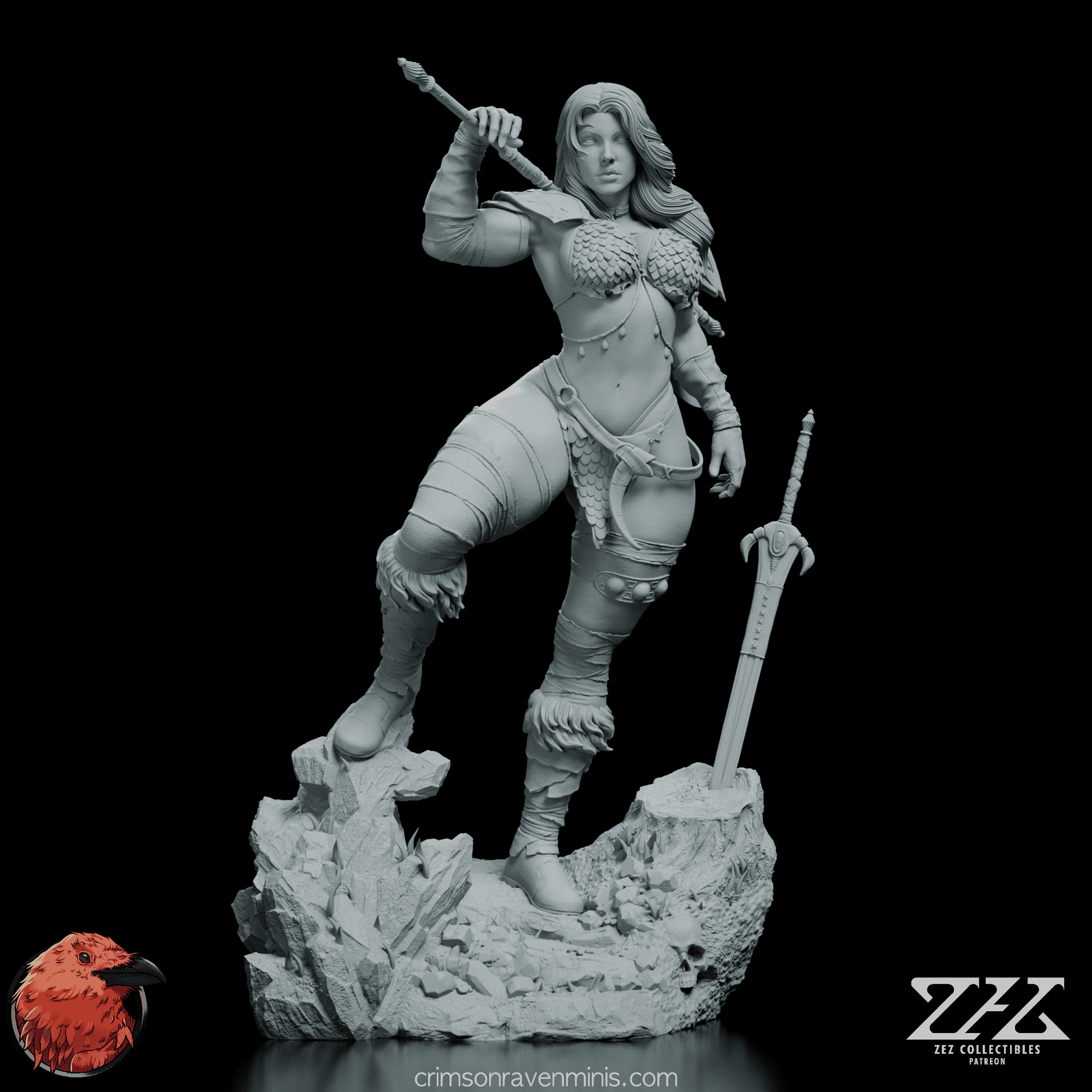 360-degree view of the Red Sonja figure, presenting all angles of her dynamic pose, detailed armor, and flowing hair.