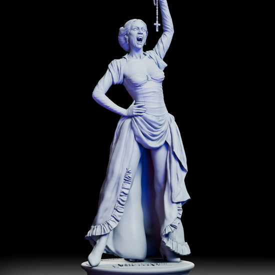 A full 360-degree rotating view of the Regine Fright Night 2 maquette, revealing her raised rosary, expressive vampiric features, flowing gown, and elegant silhouette from every angle.