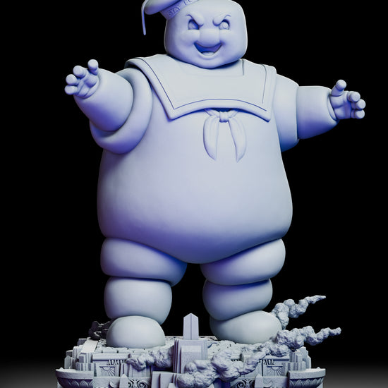 360-degree view of Stay Puft Marshmallow Man resin figure kit showing full sculpt and cinematic base craftsmanship