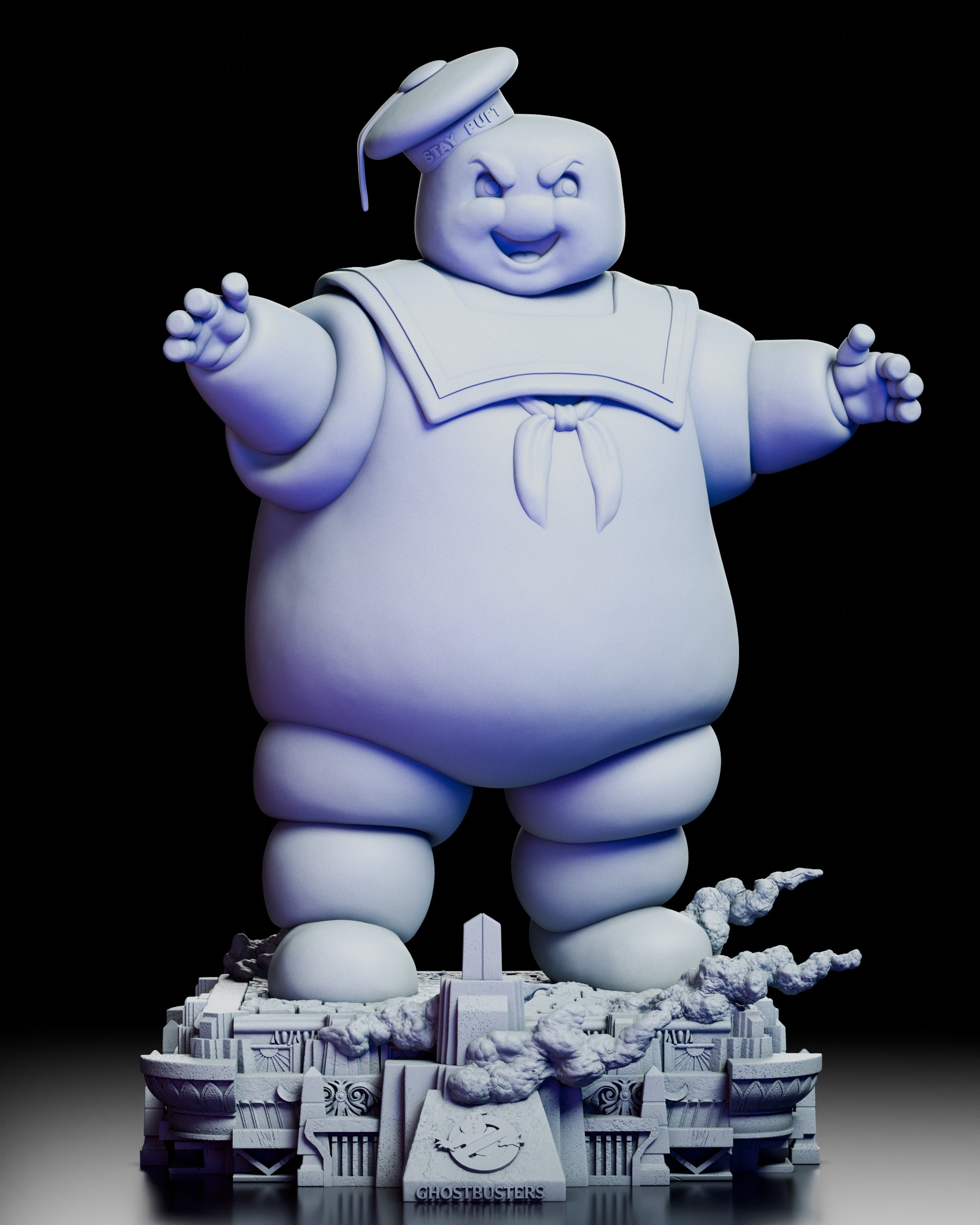360-degree view of Stay Puft Marshmallow Man resin figure kit showing full sculpt and cinematic base craftsmanship